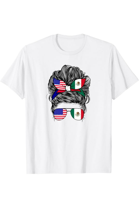 Half American And Mexican Mexico America Flag Girl Womens T-Shirt Tops Tee