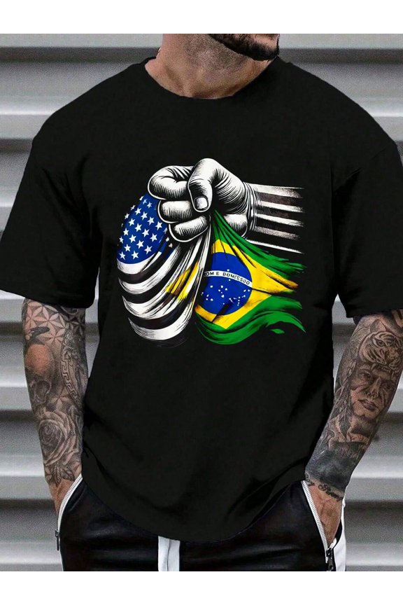 Half American Half Brazilian USA Flag Brazil America T-Shirt Print T-Shirt Casual Crew Neck Short Sleeve Comfort Tee Top For Spring & Summer Men's Clothing