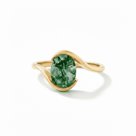 Half Bezel Moss Agate Engagement Ring, Oval Cut, 925 Sterling Silver Bypass Ring, Anniversary Ring.