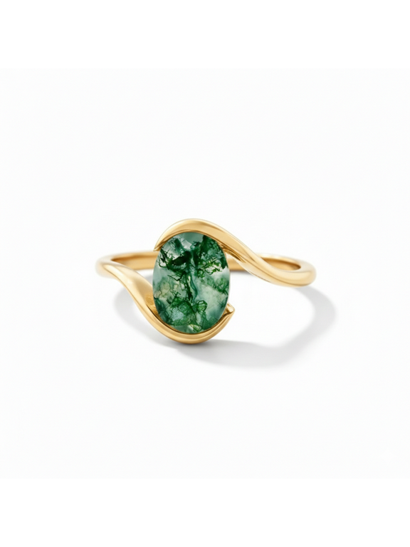 Half Bezel Moss Agate Engagement Ring, Oval Cut, 925 Sterling Silver Bypass Ring, Anniversary Ring.