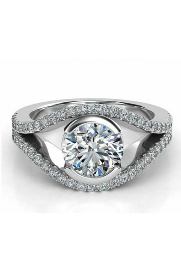 Half Bezel Split Shank Diamond Engagement Ring 2.2 Ct Diamond 14K White Gold Over