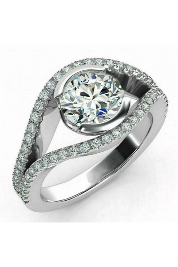 Half Bezel Wedding Ring, Split Shank Engagement Ring, 1.6 Ct Round Brilliant Cut Simulated Diamond, Valentine Ring, 14K White Gold Plated, Special Occasion Wear, Anniversary Gift For Her