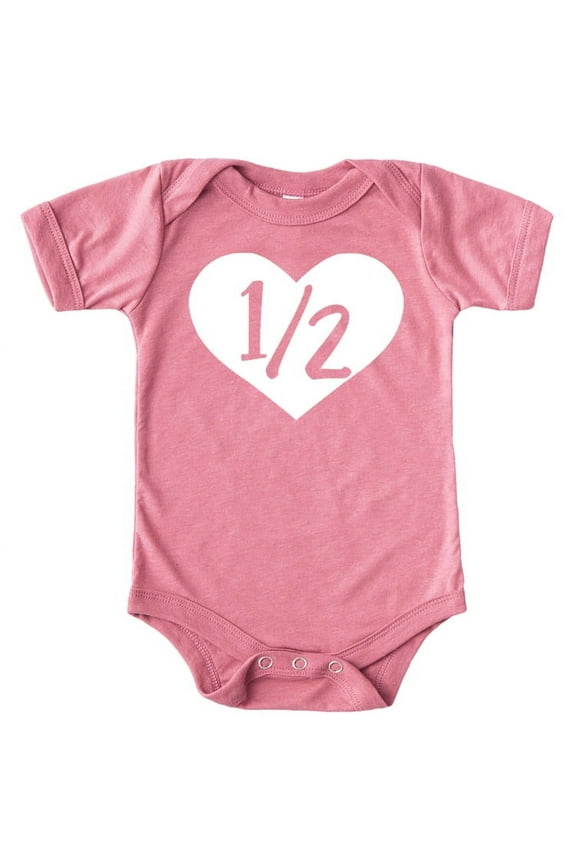 Half Birthday Bodysuit Girls 1/2 in Heart Birthday Glitter Gold Outfit for Baby Girls White on Mauve Bodysuit