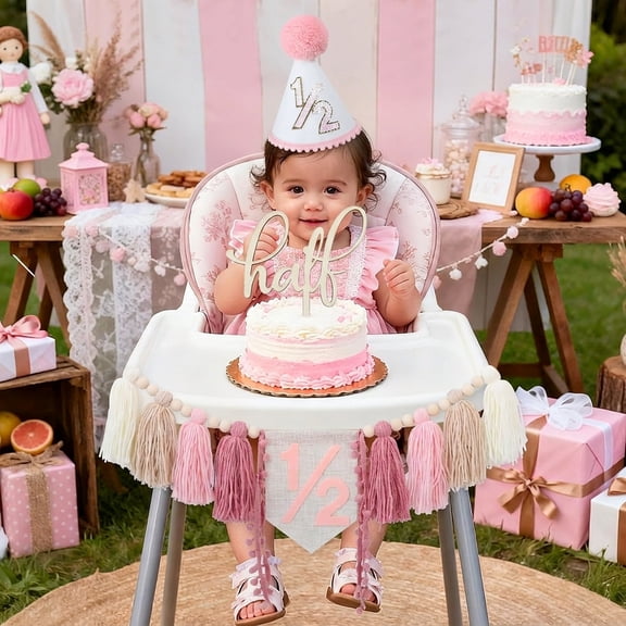 Half Birthday Decorations Set for Girls, Pastel Way to One Party Hat Topper and 6 Month Chair Banner for Photoshoot Decor