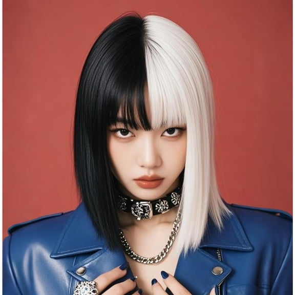 Half Black and White Short Bob Wig with Bangs for Women(12Inch)