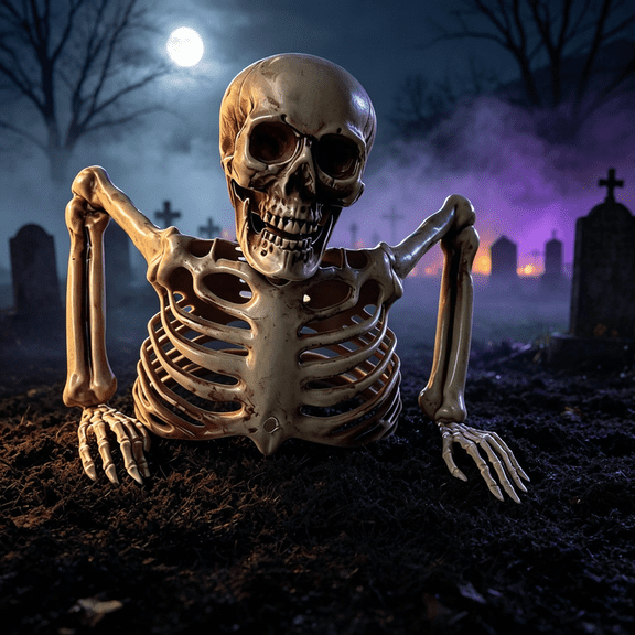 Half Body Skeleton Ground Stake Halloween Decoration, Realistic Skull Ribcage with Movable Arms, Spooky Lawn Yard Outdoor Haunted House Prop