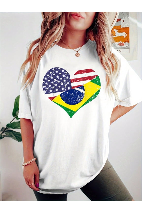 Half Brazilian Half American Flag Brazil USA Pride T-Shirt - 100% Cotton Graphic Tees Women, Top Shirt Women Summer Tops Clothes