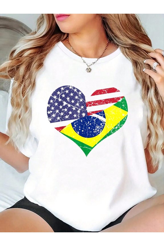 Half Brazilian Half American Flag Brazil USA Pride T-Shirt - Soft 100% Cotton Short Sleeve, Summer Outdoor Essential For Men Women - Perfect For Daily Wear, Hiking, And Travel