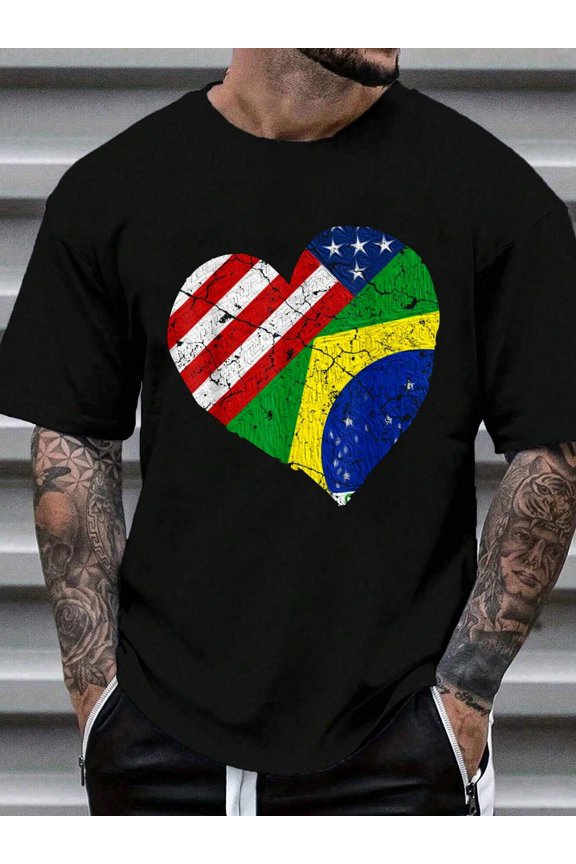 Half Brazilian Half American Flag Brazil USA Pride T-Shirt For Women Men Print T-Shirt Casual Crew Neck Short Sleeve Comfort Tee Top For Spring & Summer Men's Clothing