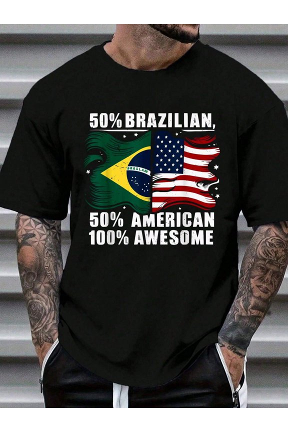 Half Brazilian Half American USA Flag Brazil America T-Shirt Print T-Shirt Casual Crew Neck Short Sleeve Comfort Tee Top For Spring & Summer Men's Clothing