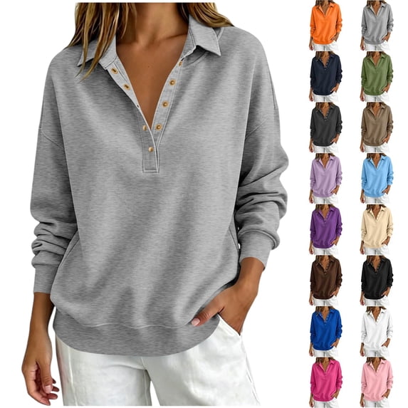 Half Button Collared Sweatshirt for Women, Long Sleeve Sweatshirts for Women Half Snap Button V Neck Lapel Collared Oversized Tshirts Pullover Top Sweatshirt for Women for Fall Winter Daily Commute