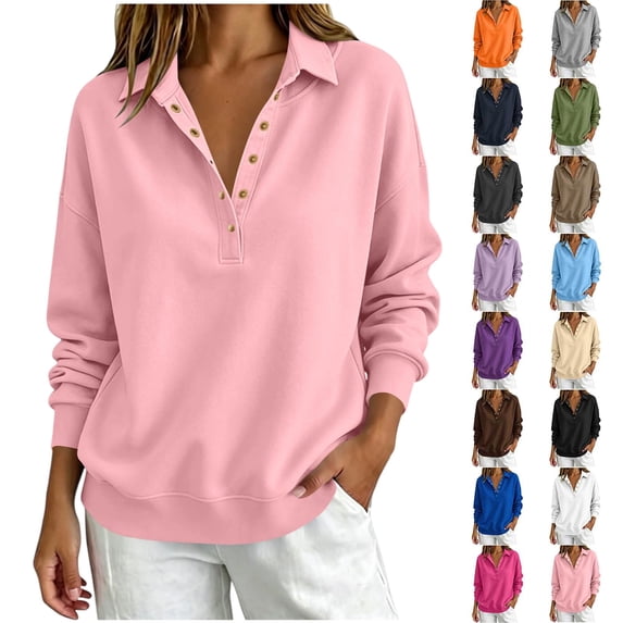 Half Button Collared Sweatshirt for Women, Long Sleeve Sweatshirts for Women Half Snap Button V Neck Lapel Collared Oversized Tshirts Pullover Top Sweatshirt for Women for Fall Winter Daily Commute