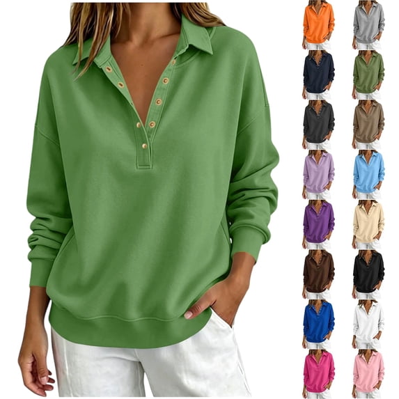 Half Button Collared Sweatshirt for Women, Long Sleeve Sweatshirts for Women Half Snap Button V Neck Lapel Collared Oversized Tshirts Pullover Top Sweatshirt for Women for Fall Winter Daily Commute