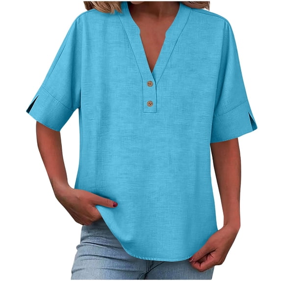 Half-Button Placket Womens Linen-Cotton Tops V-Neck Short Sleeve Solid T-Shirts Perfect Blouses for Spring Summer Daily Wear