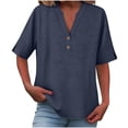 thumbnail image 1 of Half-Button Placket Womens Linen-Cotton Tops V-Neck Short Sleeve Solid T-Shirts Perfect Blouses for Spring Summer Daily Wear, 1 of 5