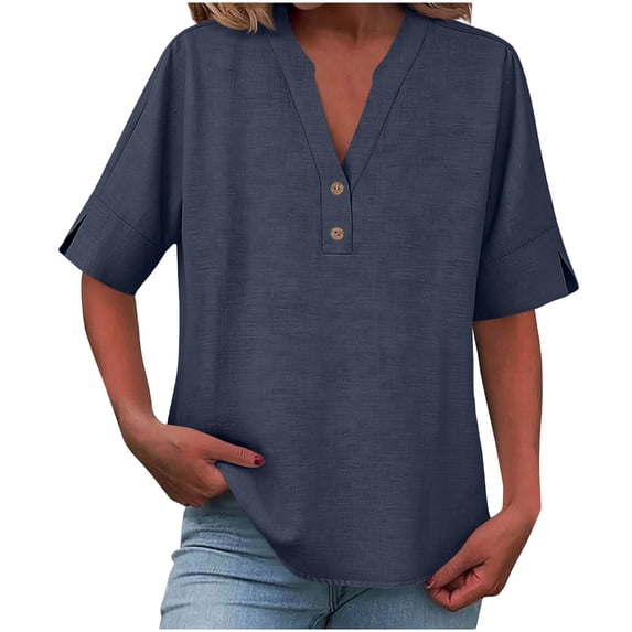 Half-Button Placket Womens Linen-Cotton Tops V-Neck Short Sleeve Solid T-Shirts Perfect Blouses for Spring Summer Daily Wear