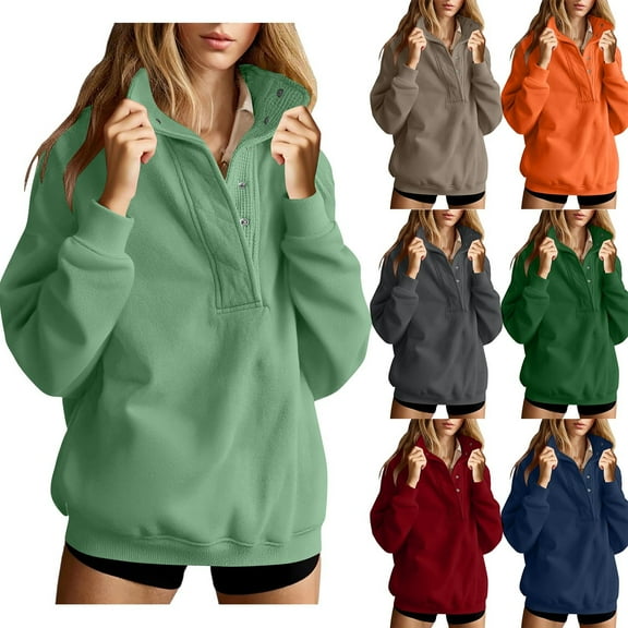 Oksale Half Button Sweatshirts for Women Trendy Drop Shouler Sweatshirt Casual Lapel Pullover Classic Solid Color Comfortable Tops Fashion Clothing