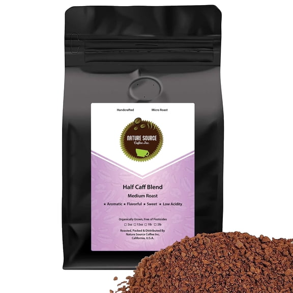 Half Caff Blend Swiss Water Ground Coffee Whole Bean Medium Roast Organic 100% Arabica 1-Pack 2lb