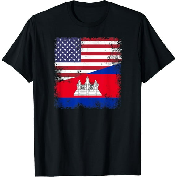 Half Cambodian Flag T-Shirt | Vintage Cambodia USA GiftMen and women, Black T-shirt, size: Extra large