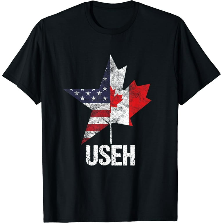 Half Canadian American USEH Canada USA Flag United States T-Shirt Black  Large