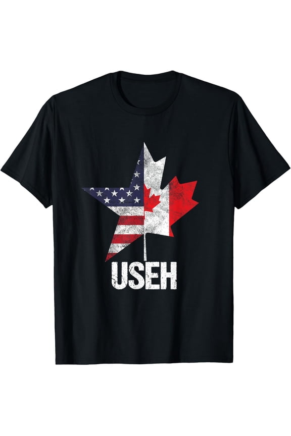 Half Canadian American USEH Canada USA Flag United States T-ShirtMen and women, Black T-shirt, size: Extra large
