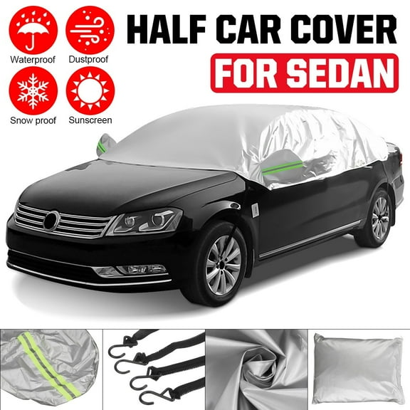 Half Car Cover for Sedan, Waterproof Dustproof UV Resistant Windproof Windshield Snow Cover Winter Summer Protector All Weather Protection, Silver, 130"x64"