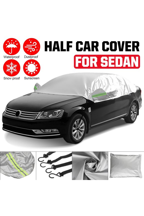 Half Car Cover for Sedan, Waterproof Dustproof UV Resistant Windproof Windshield Snow Cover Winter Summer Protector All Weather Protection, Silver, 130"x64"