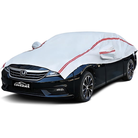 Half Car Cover for Snow, Car Roof Cover for All Weather Protection with Red Strip Design, Fit Small/Compact Sedan Such As Audi A4, Toyota Corolla