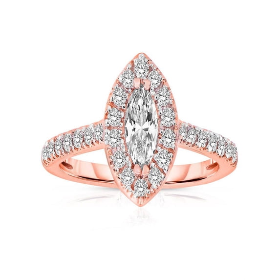 Half Carat Marquise Cut Halo Diamond Moissanite Engagement Ring In 10K Rose Gold, Gift For Her, Promise Ring, Anniversary Ring