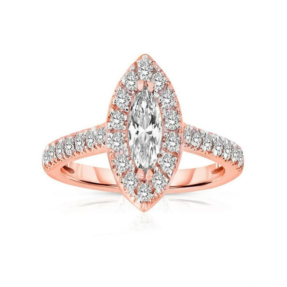 Half Carat Marquise Cut Halo Diamond Moissanite Engagement Ring In 10K Rose Gold, Promise Ring, Anniversary Ring