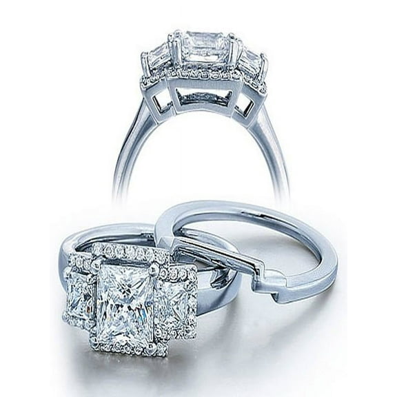 Half Carat Princess Three Stone Wedding Ring Set for Her in White Gold