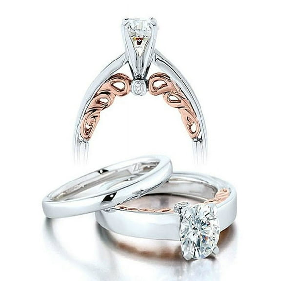 Half Carat Round Diamond Solitaire Wedding Ring Set in White Gold with Rose Gold overlay