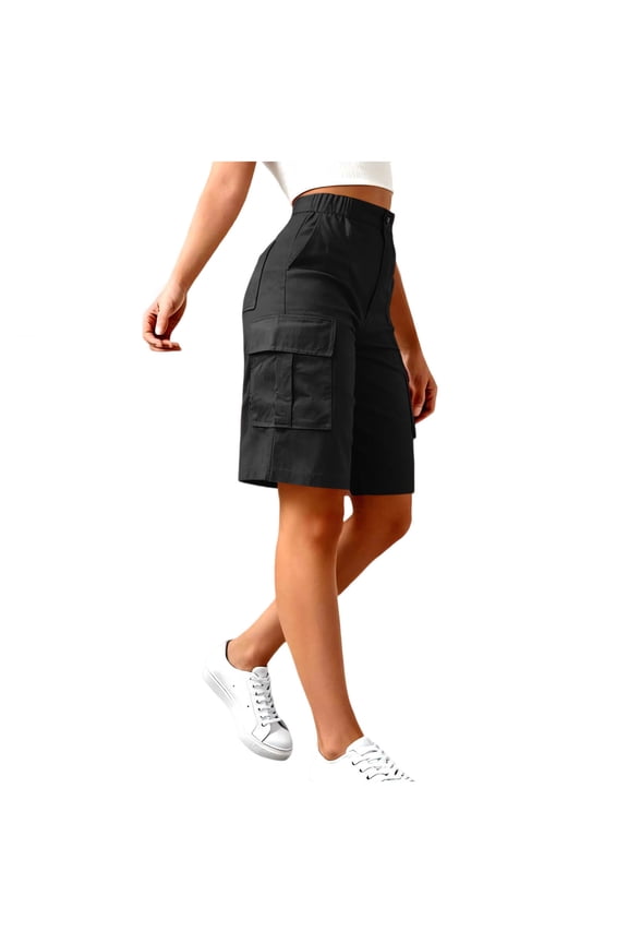 Half Cargo Pants for Women Summer Solid Color Elastic Waist Casual Half Pants with Pockets