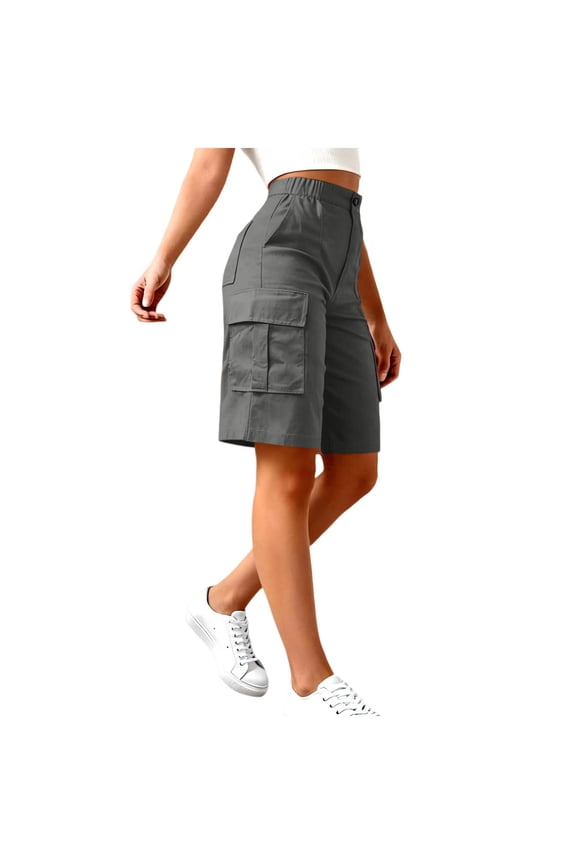 Half Cargo Pants for Women Summer Solid Color Elastic Waist Casual Half Pants with Pockets