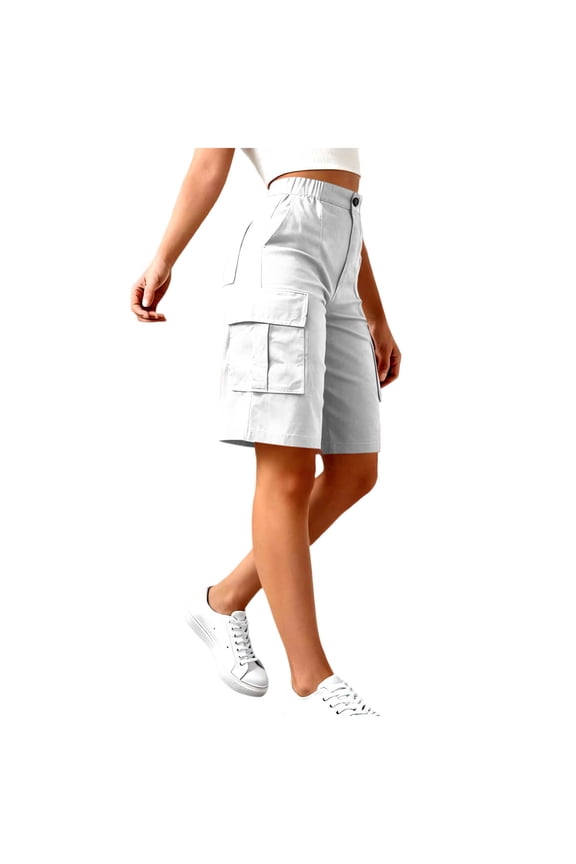 Half Cargo Pants for Women Summer Solid Color Elastic Waist Casual Half Pants with Pockets