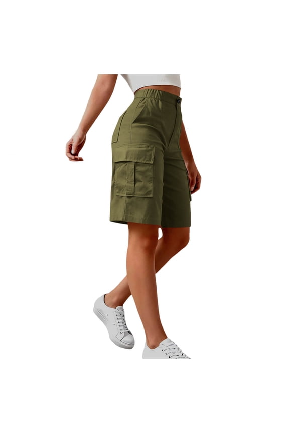 Half Cargo Pants for Women Summer Solid Color Elastic Waist Casual Half Pants with Pockets