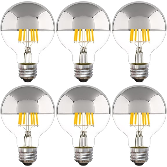 Half Chrome Light Bulb 6W (60 Watt Equivalent), Dimmable G25 Globe 5000K Daylight Decorative LED Edison Bulb, Silver Tipped Light Bulb E26 Base Pack of 6