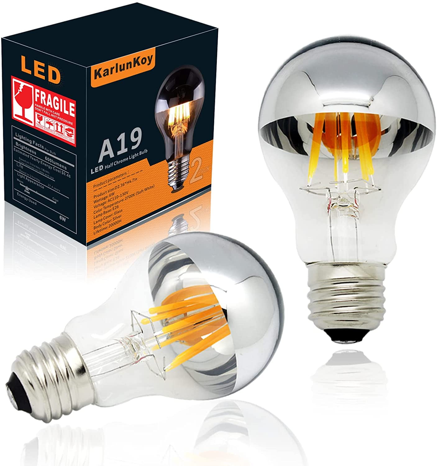 Half Chrome Light Bulb Dimmable 6W (60W Equivalent) A19 A Shape Decorative LED Edison Bulb Silver Mirror Reflected Light 2700K Warm White E26 Base Pack of 2