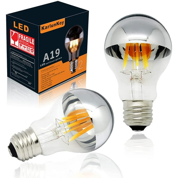 Half Chrome Light Bulb Dimmable 6W (60W Equivalent) A19 A Shape Decorative LED Edison Bulb Silver Mirror Reflected Light 2700K Warm White E26 Base Pack of 2