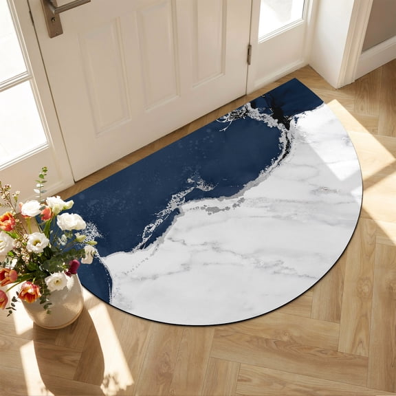 Half Circle Bath Mat Navy Blue Marble Semicircular Doormat Non Slip Absorbent Quick Dry Diatomite Stone White Modern Abstract Art Luxury Fluid Drying Shower Mat for Bathroom Floor Bathtub 18"x30"