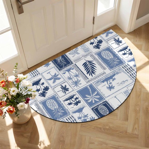 Half Circle Bath Mat Palm Tree Leaves Semicircular Doormat Non Slip Absorbent Quick Dry Diatomite Stone Blue Tropical Pineapple Stamp Drying Shower Mat for Bathroom Floor Bathtub Entryway 16"x24"