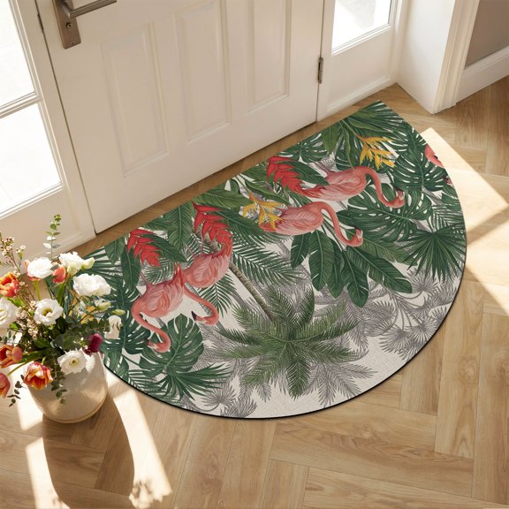 Half Circle Bath Mat Pink Flamigo Semicircular Doormat Non Slip Absorbent Quick Dry Diatomite Stone Retro Tropical Palm Tree Drying Shower Mat for Bathroom Floor Bathtub Entryway Kitchen 16"x24"