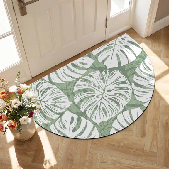 Half Circle Bath Mat Sage Green Monstera Deliciosa Semicircular Doormat Non Slip Absorbent Quick Dry Diatomite Stone Tropical Palm Leaves Drying Shower Mat for Bathroom Floor Bathtub 16"x24"