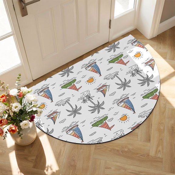 Half Circle Bath Mat Sailing Surfing Semicircular Doormat Non Slip Absorbent Quick Dry Diatomite Stone Tropical Palm Trees Drying Shower Mat for Bathroom Floor Bathtub Entryway Kitchen 16"x24"