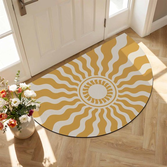 Half Circle Bath Mat Yellow Boho Radiant Sun Semicircular Doormat Non Slip Absorbent Quick Dry Diatomite Stone Bohemian Wavy Sunbeams Drying Shower Mat for Bathroom Floor Bathtub Entryway 18"x30"