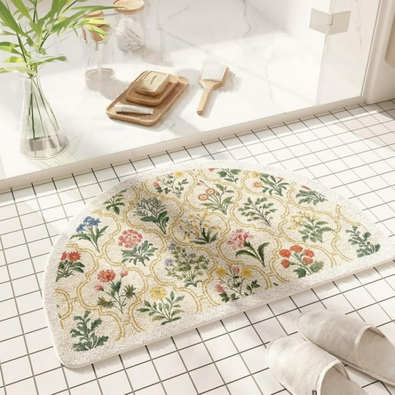 Half Circle Bathroom Rugs Spring Floral Print Absorbent Microfiber Rugs Non Slip Mats For Bathroom Floor Tub And Shower Home Decor Accessories Features:(B)