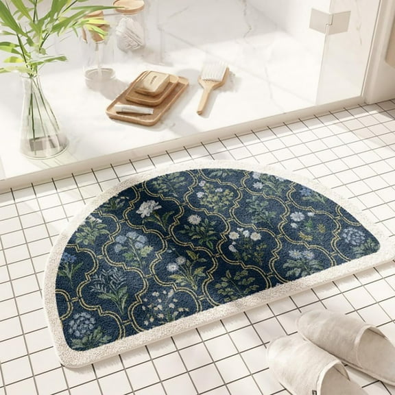 Half Circle Bathroom Rugs Spring Floral Print Absorbent Microfiber Rugs Non Slip Mats For Bathroom Floor Tub And Shower Home Decor Accessories Features:(D)