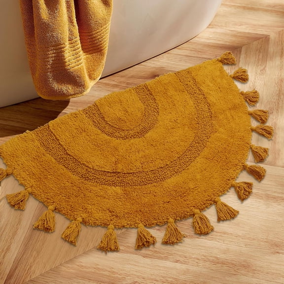 Half Circle Boho Bathroom Rugs with Tassels 100% Cotton Hand-Woven Bath Mat Non Slip Absorbent Bath Rugs with Rug Pad Washable Boho Bath Mat Carpet for Tub, Shower 20"x32",Mustard