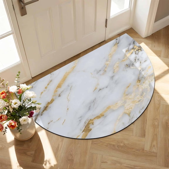 Half Circle Door Mat 16"×24" Marble Texture Absorbent Door Mat Outside Entrance Simple White Grey Gold Crack Modern Low-Profile Non Slip Front Rug for Kitchen Bathroom Bedroom