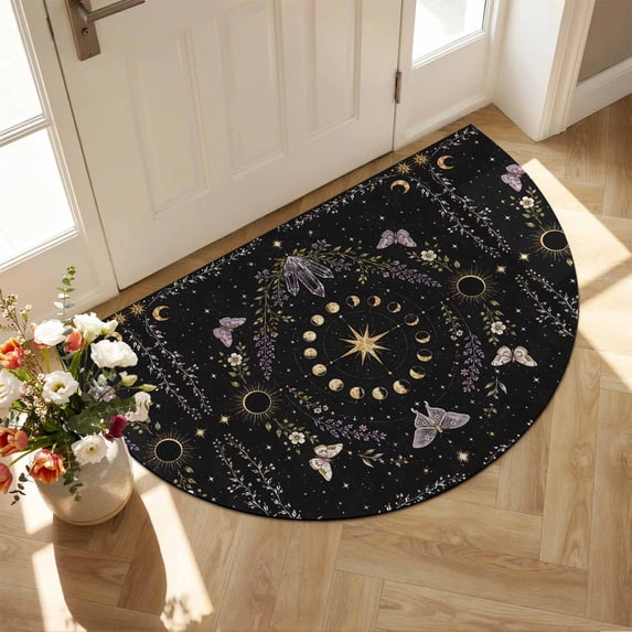 Half Circle Door Mat 18"×30" Whimsical Lunar Absorbent Door Mat Outside Entrance Lunar Cycle Purple Butterfly Floral Quartzcrystals Black Low-Profile Non Slip Front Rug for Kitchen Bathroom Bedroom